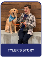 Young man sits with his guide dog, a golden retriever