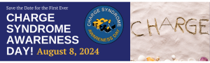 CHARGE Syndrome Awareness Day - August 8, 2024. The word CHARGE written out in sand.