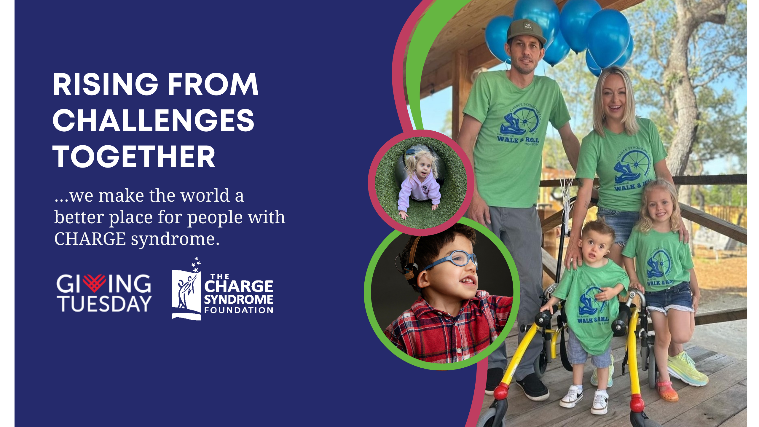 Giving Tuesday 2024 Banner. Collage of photos with the tagline - Rising From Challenges Together